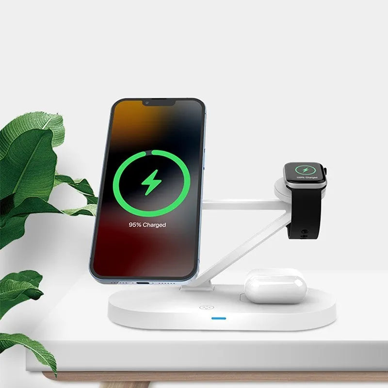 Black wireless magnetic charging station for Apple watch, AirPods and smartphone