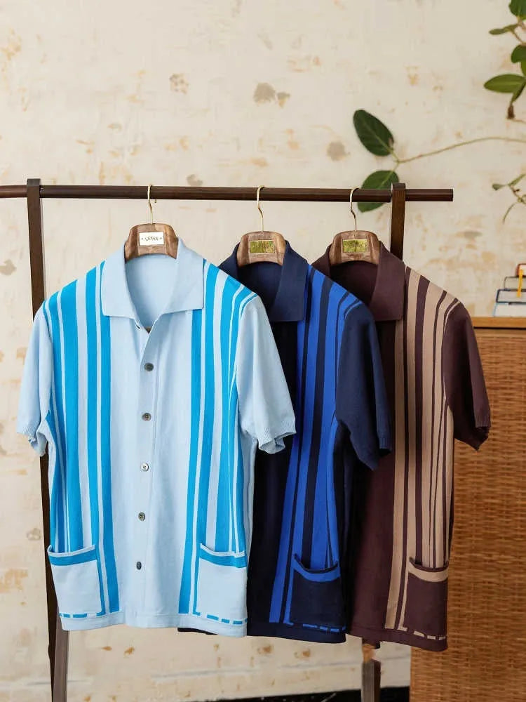 Short-sleeve striped knitted cardigan polo shirt with a lapel collar, shown in light blue.
