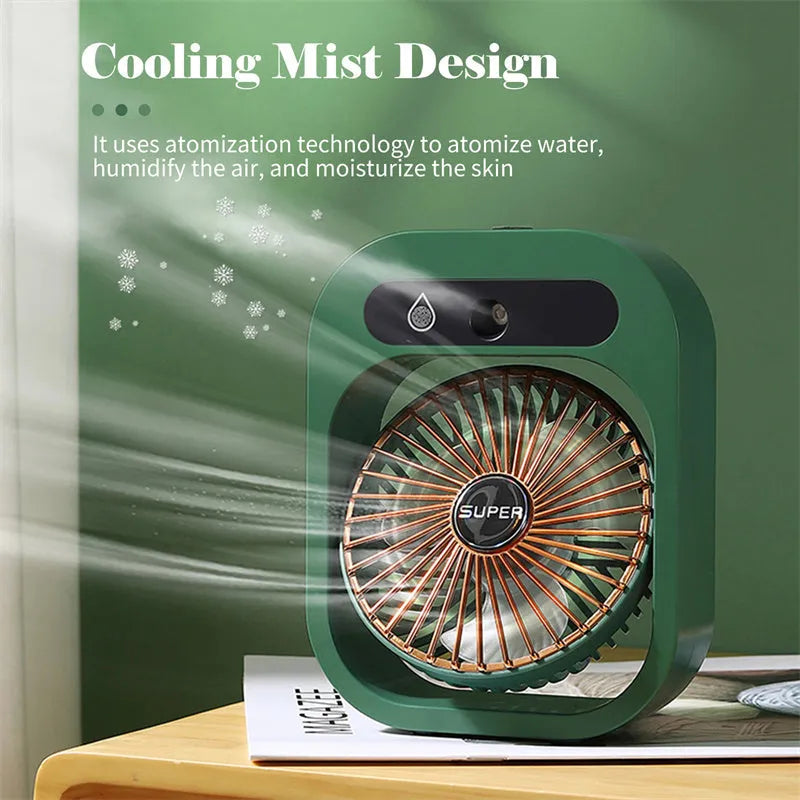 Green and white USB portable misting fan with humidifier function on desk