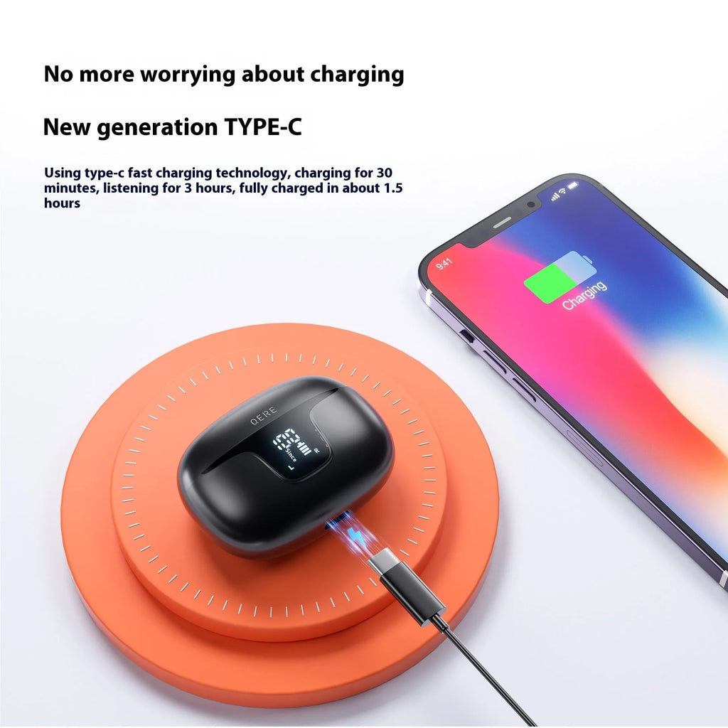 White and black TWS noise reduction wireless earbuds in charging case with digital battery display