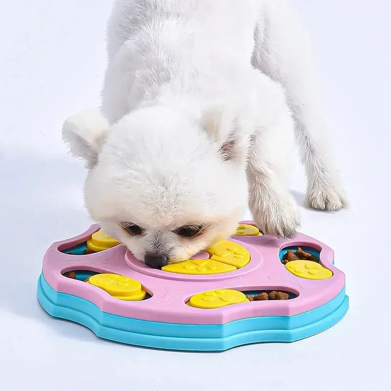 Blue interactive dog puzzle feeder toy with food compartments for mental stimulation during mealtimes