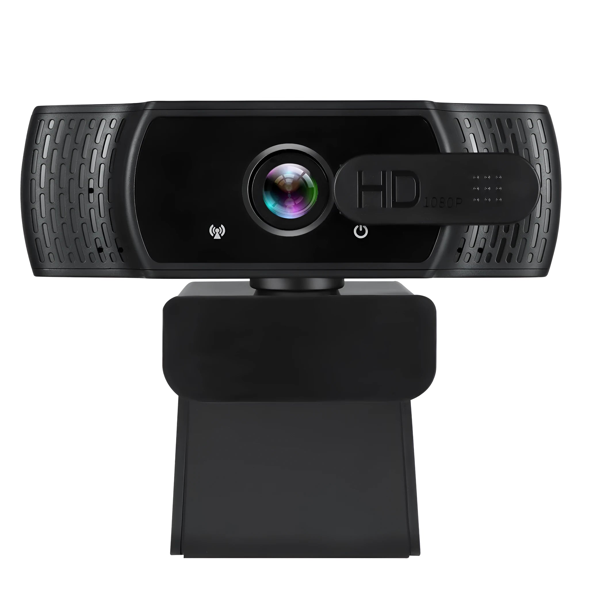 Black USB webcam with built-in microphone mounted on a laptop screen