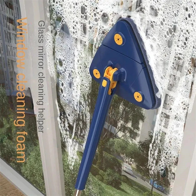 Blue triangle cleaning mop with 360° rotating head and extendable stainless steel pole