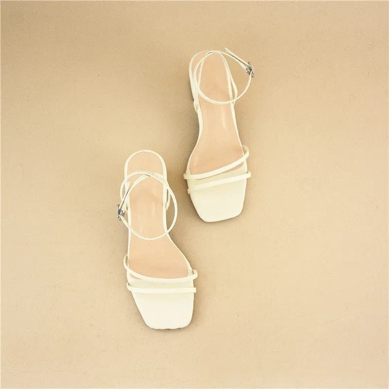 Beige women's square-toe sandals with a stiletto chunky heel and ankle buckle.