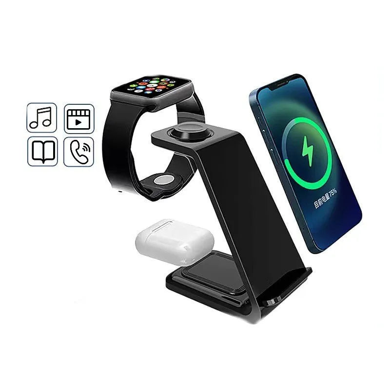 White 3-in-1 upright wireless charging stand holding a mobile phone, with a Type-C cable.