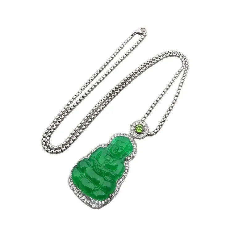Emerald green artificial chalcedony lucky pendant necklace with stainless steel box chain on neutral background