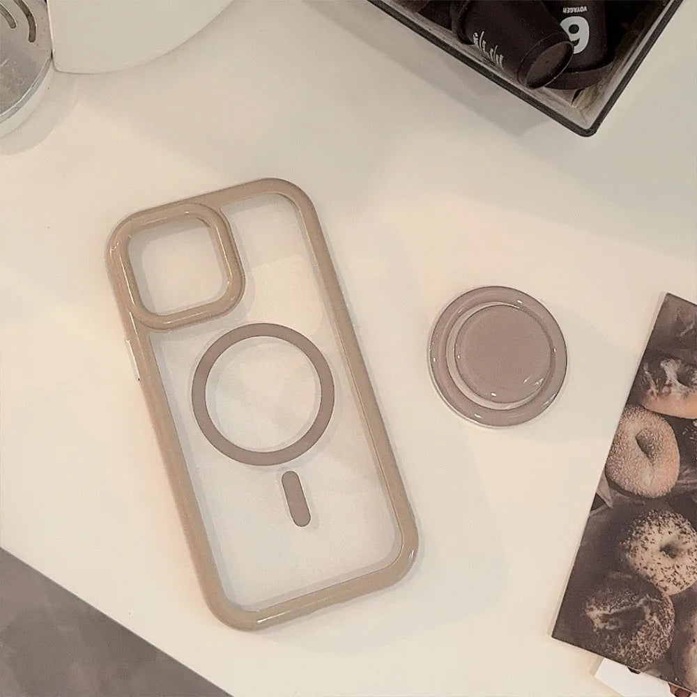 Acrylic magnetic phone case with bracket for iPhone 11-15 Pro Max, solid colour transparent design.