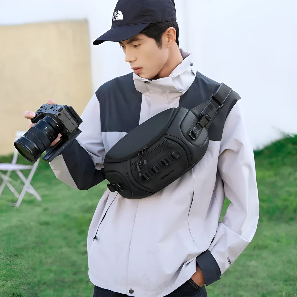 Black waterproof oxford cloth DSLR camera shoulder bag with chest carry strap