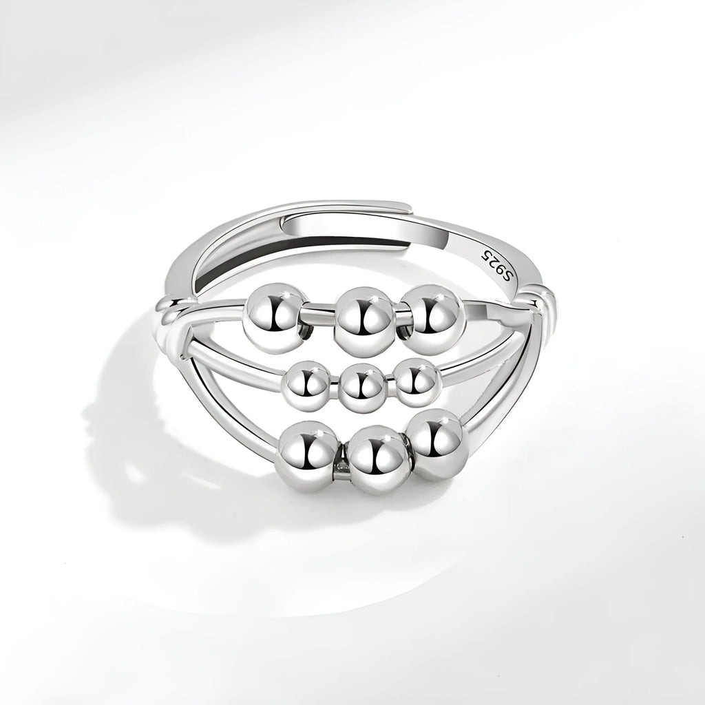 Adjustable open ring in white gold colour with three-layer beaded geometric design and copper electroplated finish