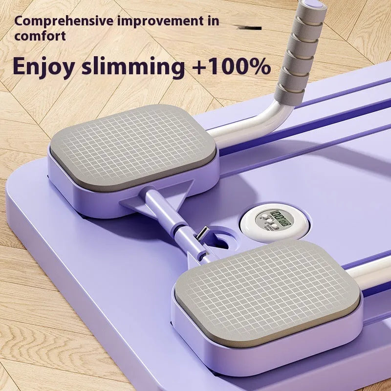 Purple multi-functional fitness board with automatic rebound abdominal wheel for home exercise.