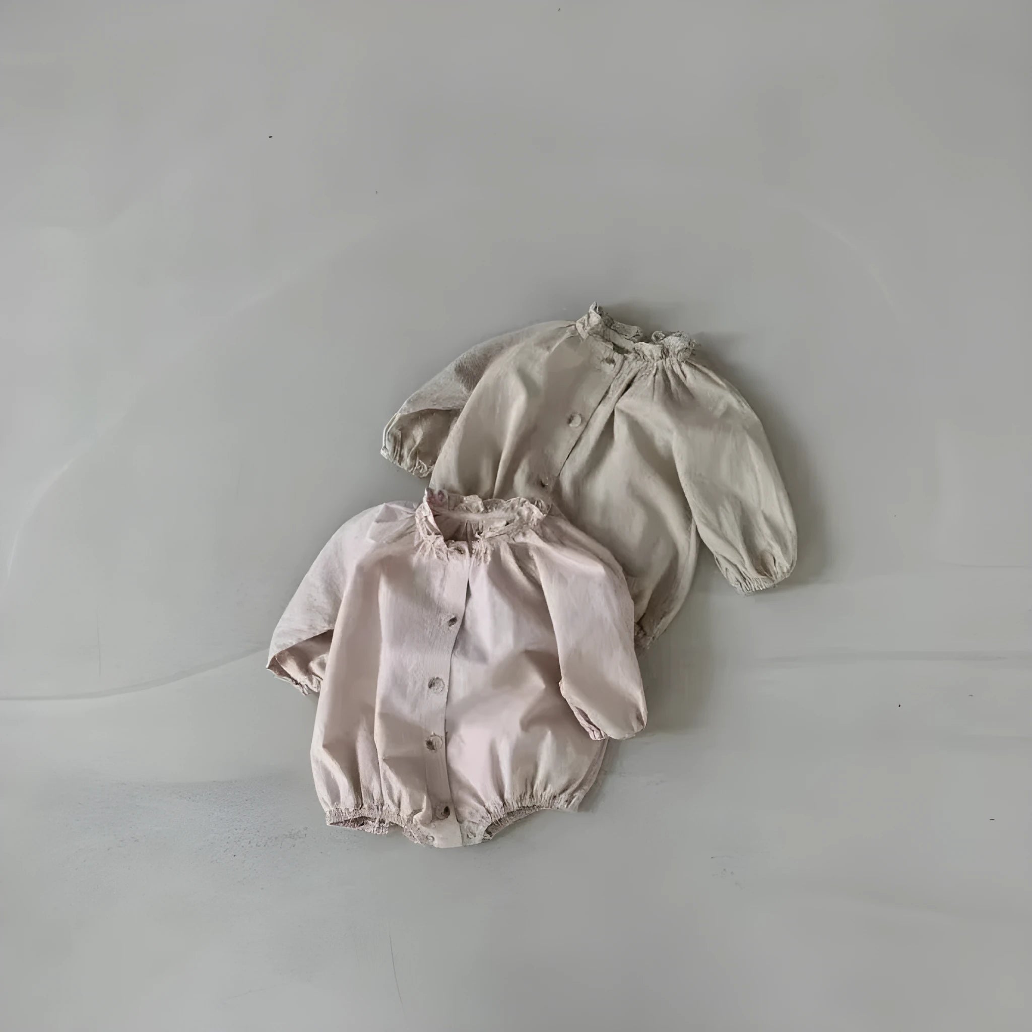 Cotton long sleeve jumpsuit romper with wooden buttons for baby girls in light lotus pink and khaki