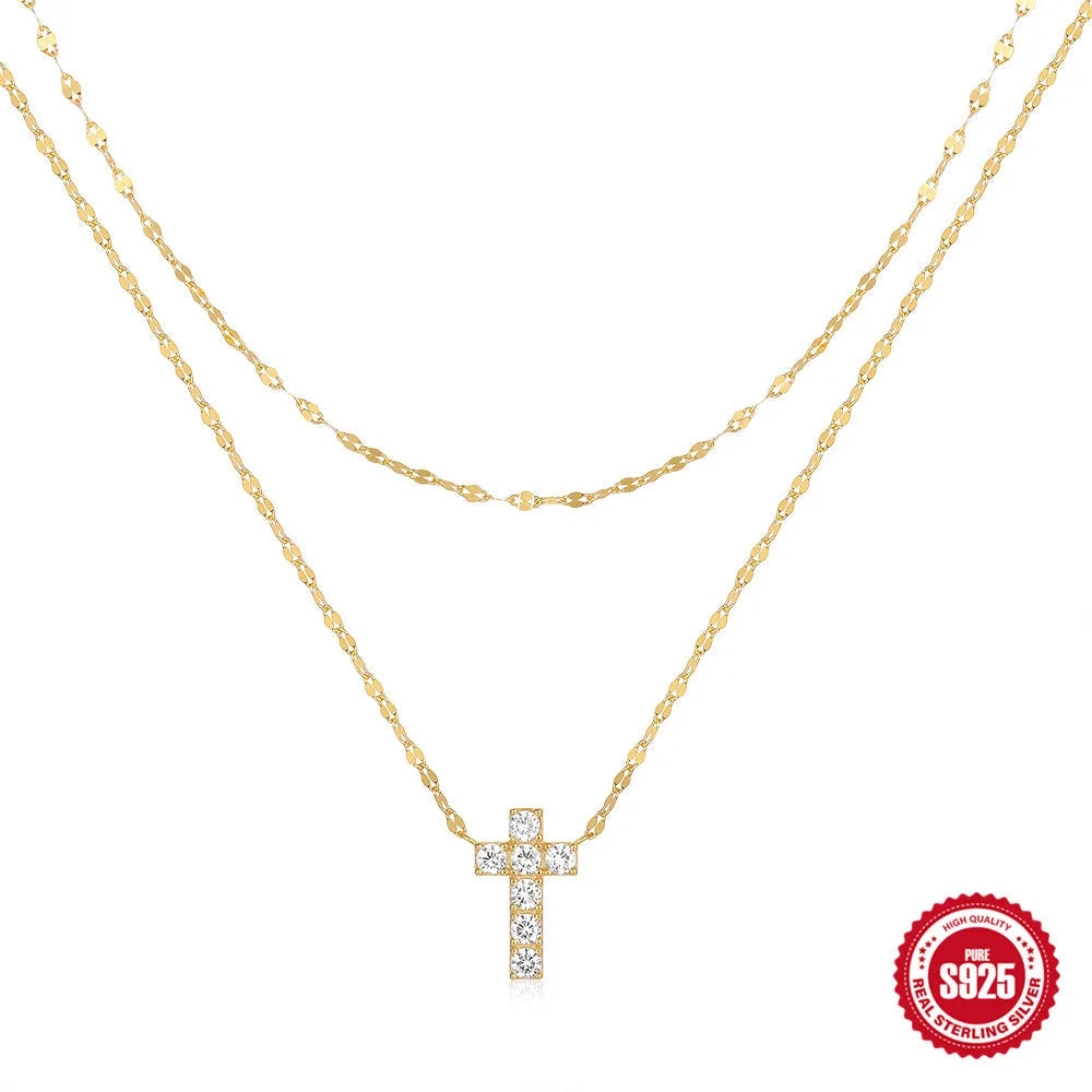 S925 sterling silver double layer twin diamond cross pendant necklace on adjustable chain