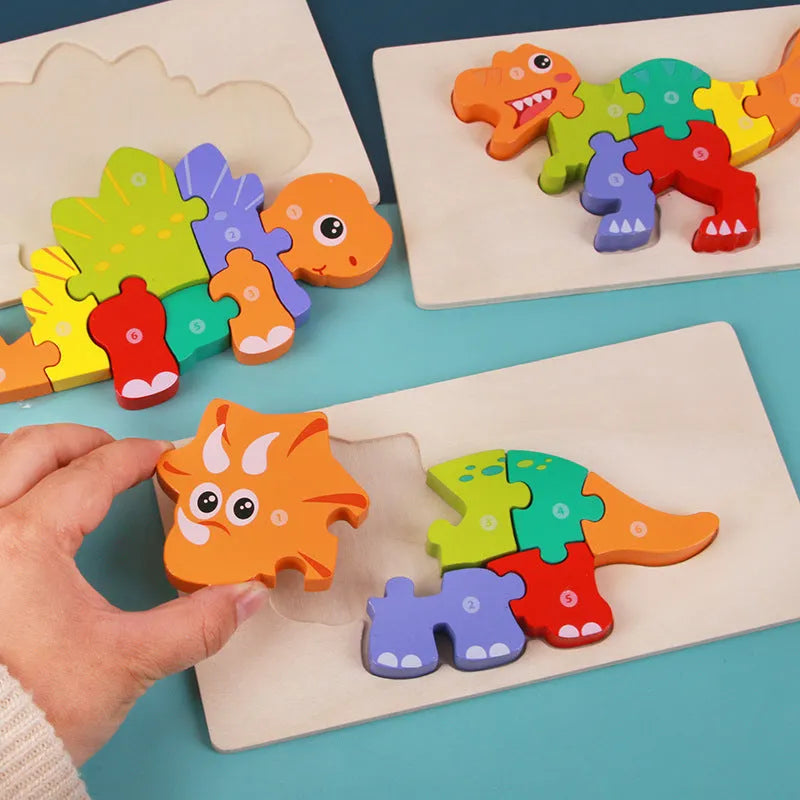 Wooden dinosaur 3D puzzle set for children with six designs including T-Rex and Triceratops