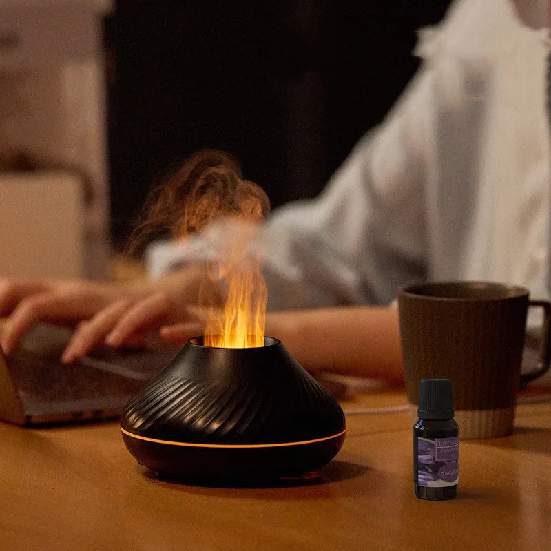 Beige and black aroma diffuser with LED flame lighting and 130ml water capacity
