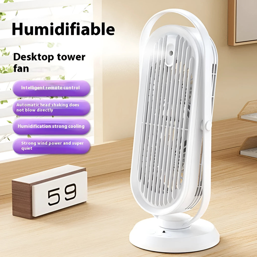 White modern desktop USB tower fan with remote control on a wooden desk, showing dual air outlets.