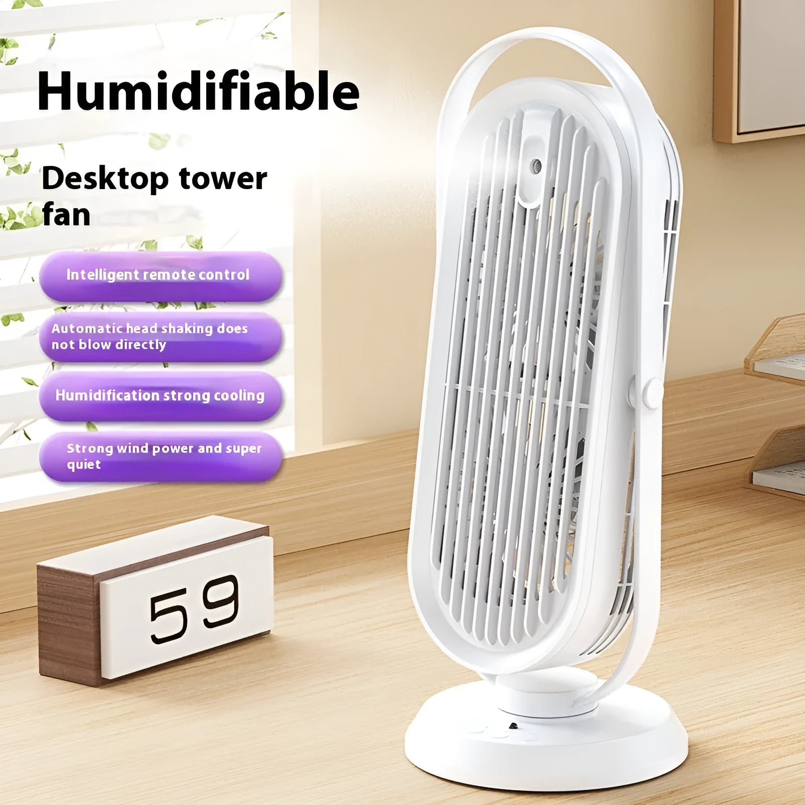 White modern desktop USB tower fan with remote control on a wooden desk, showing dual air outlets.
