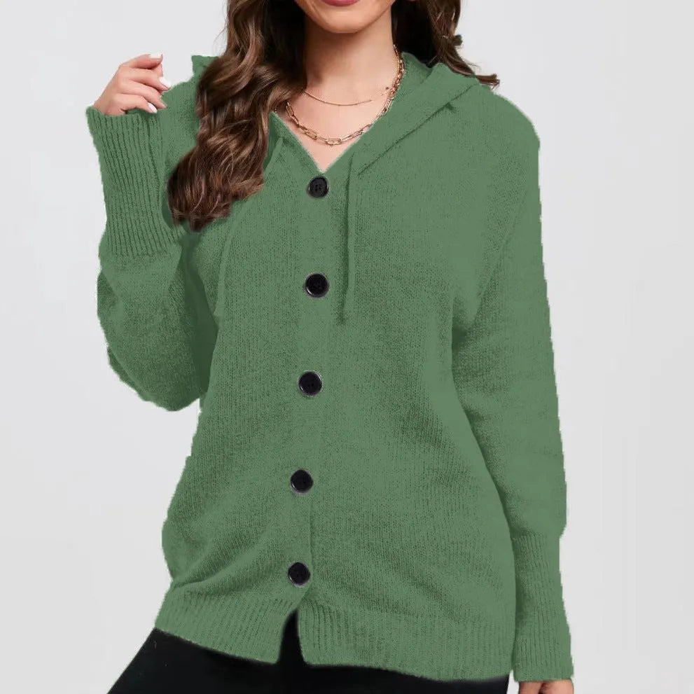 Women's solid colour cotton hooded cardigan sweater in loose fit style