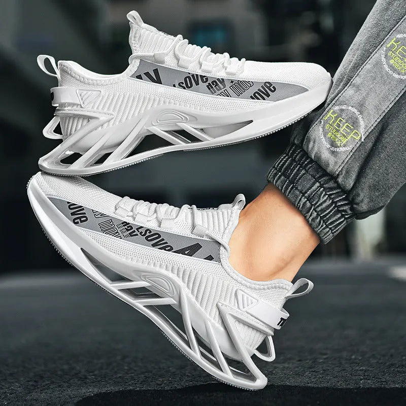 Men's casual exercise shoes with fly woven mesh upper in four colour options showing embroidery detailing