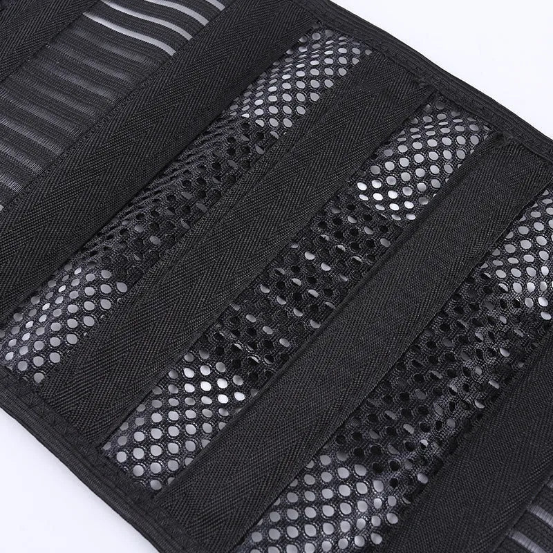Black sports waist support belt with internal steel plate for lumbar protection, shown on a plain background.