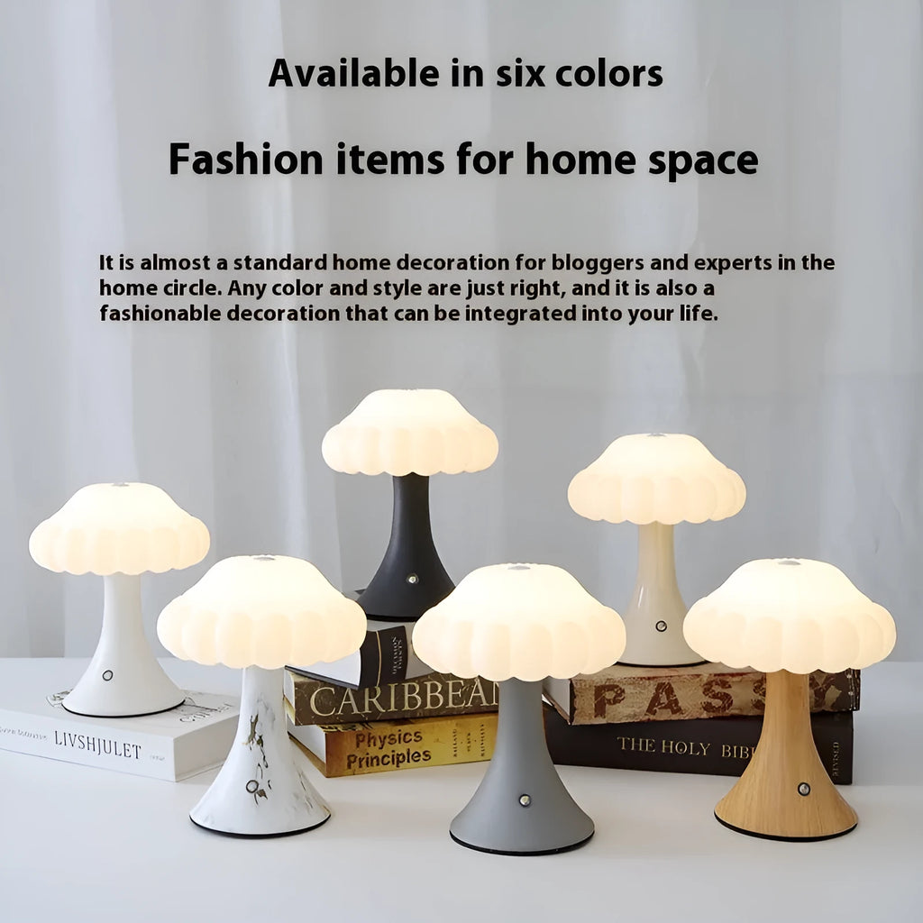 Wood grain mushroom-shaped night light with touch control and USB charging