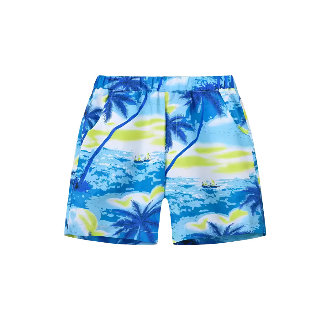 Colourful printed beach shorts with elasticated waistband showing coconut tree design