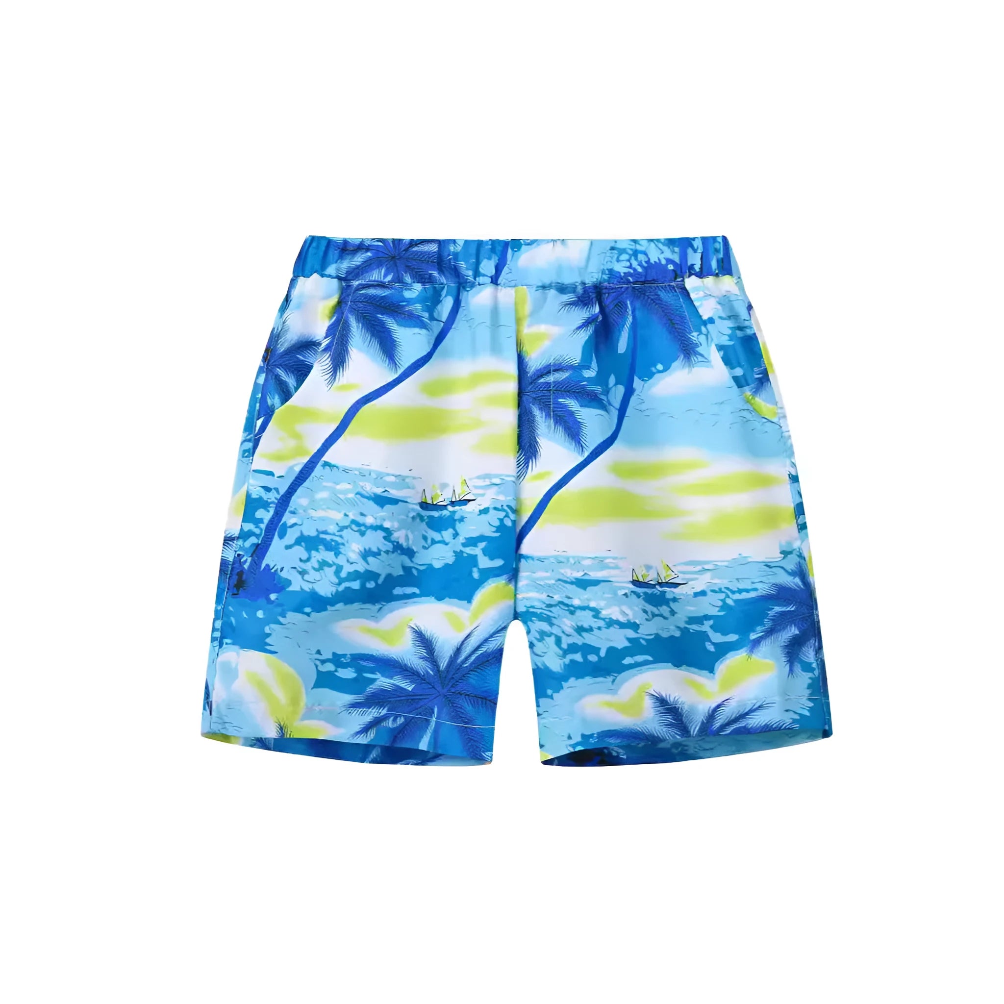 Colourful printed beach shorts with elasticated waistband showing coconut tree design