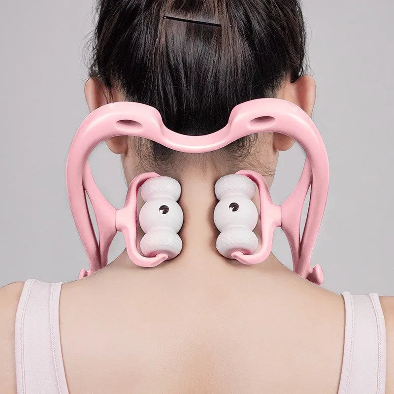 Blue handheld neck massager with pressure points showing 360-degree rotation capability