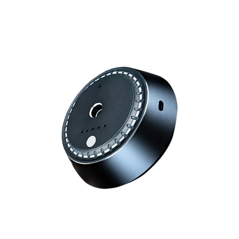 Black metal USB-rechargeable car aroma diffuser with compact 9x4.5cm dimensions