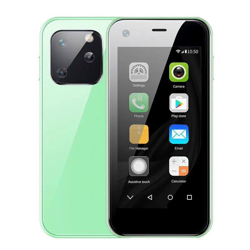 Small black Android phone showing home screen on 2.5-inch display next to protective case