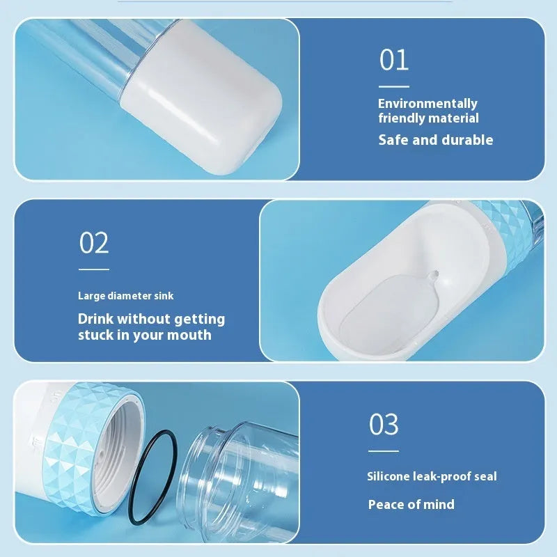 Portable dog water cup with one-click lock, food-grade ABS material, blue colour, outdoor pet travel water dispenser