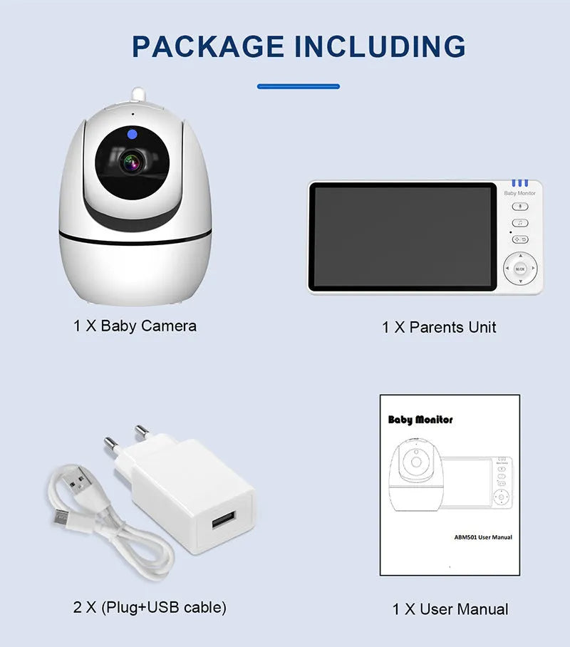 White HD wireless baby monitor with 5-inch screen showing baby room display