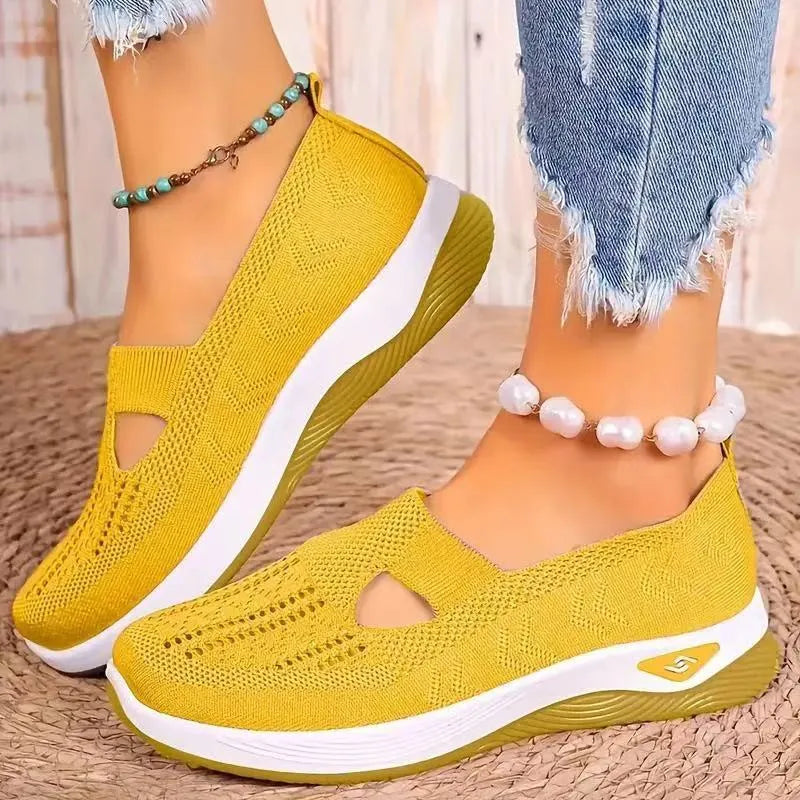 Casual T-strap mesh shoes for women with a soft PVC sole, shown in multiple colour options.