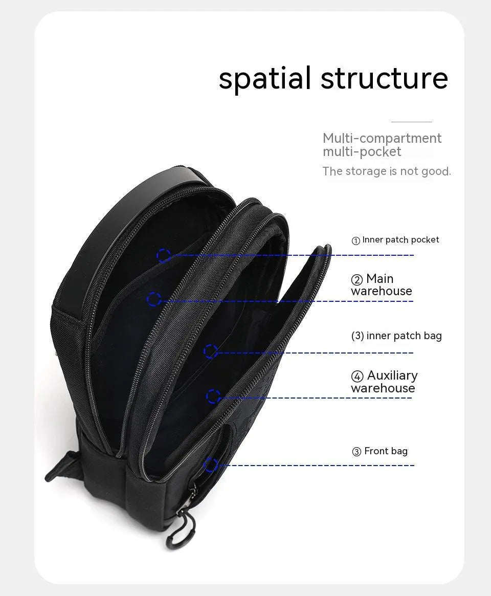 Casual black TPU camouflage chest bag with single shoulder strap and soft handle on a plain background.