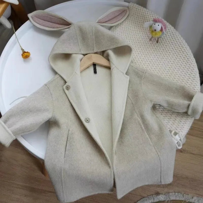 Children's autumn winter beige woolen coat with rabbit ear collar long sleeve mid-length polyester fibre