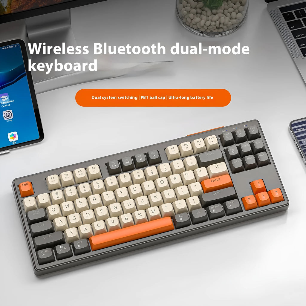Wireless Bluetooth dual mode mechanical feeling keyboard in blueberry colour with USB receiver and cable