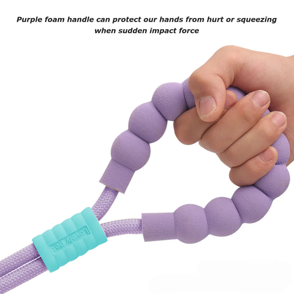 Nylon dog traction leash with foam handle in four colour options showing 140cm length