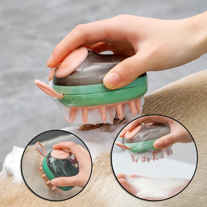 Blue and green 2-in-1 pet grooming brush with shampoo dispenser for dog and cat bathing