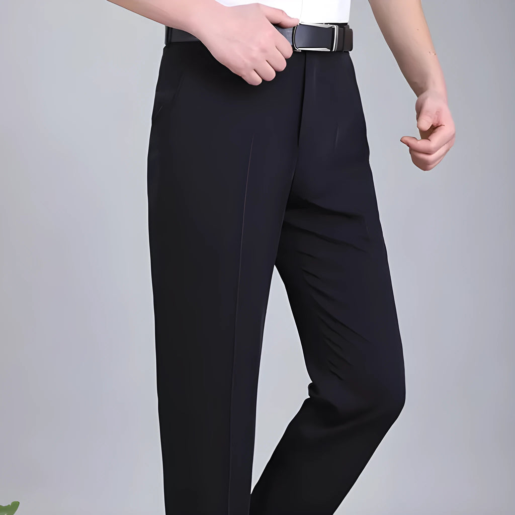 Men's straight-leg business trousers in mulberry silk blend with high-waist design