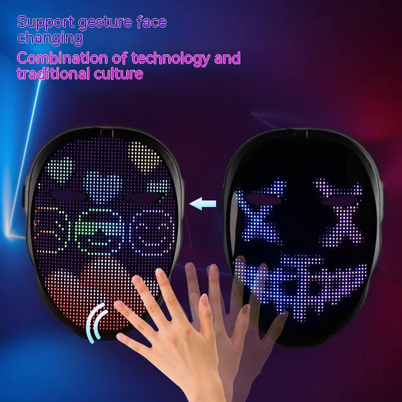 LED luminous face mask with full colour display showing character design, featuring gesture control sensor and comfortable silicone interior