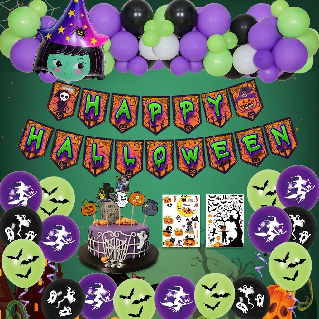 Halloween spider balloon arch decoration set with white and black skull and pumpkin balloons