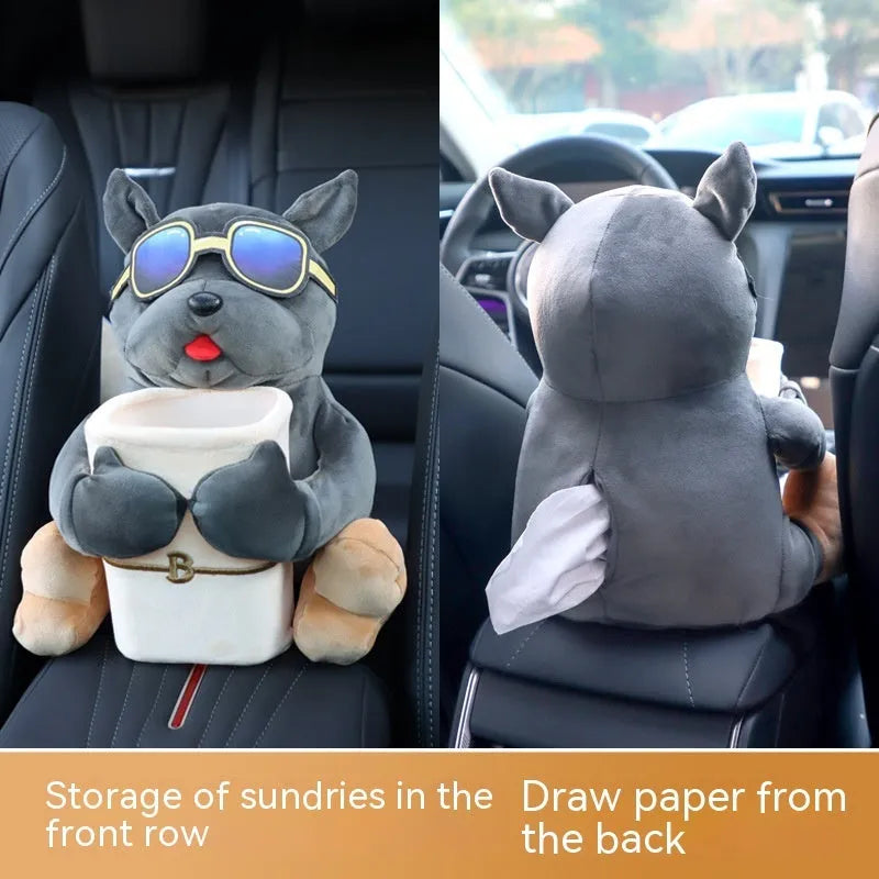 Plush car armrest tissue box cover with dog design options measuring 27 by 33 centimetres