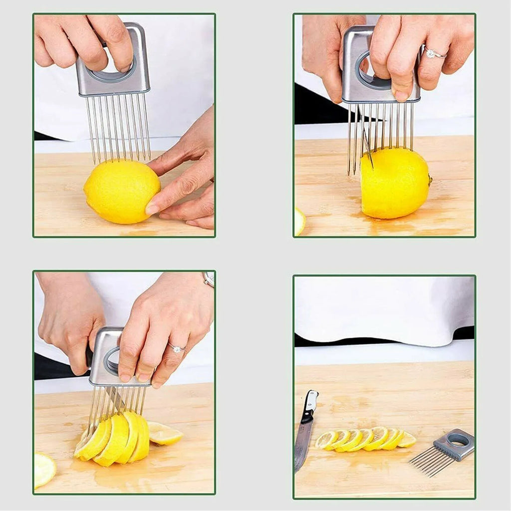 Stainless steel onion holder kitchen tool with prongs for slicing vegetables hands-free