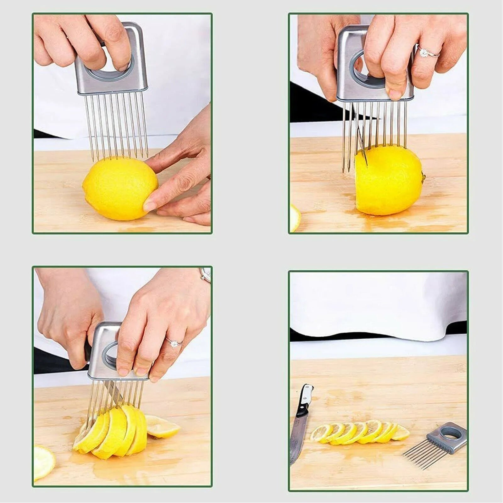 Stainless steel onion holder kitchen tool with prongs for slicing vegetables hands-free