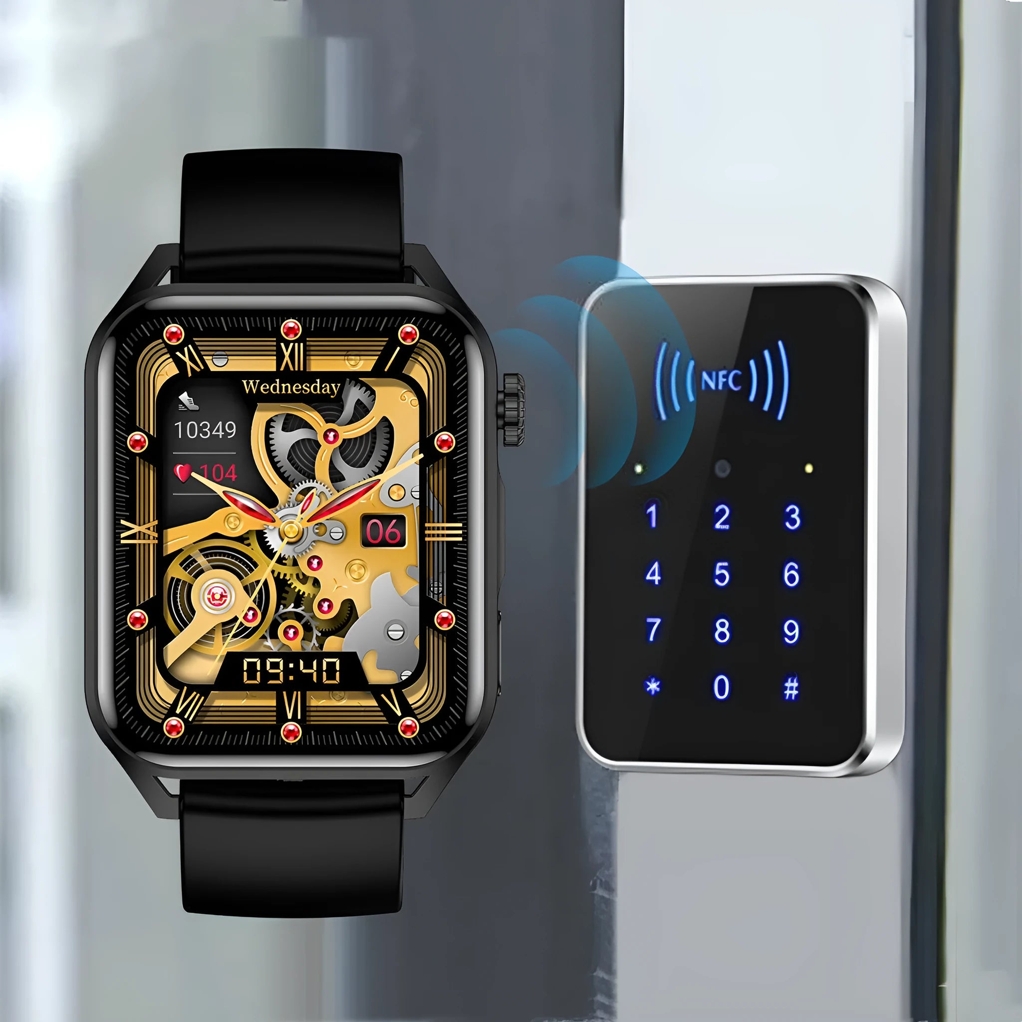 Pink, black, and silver grey AMOLED NFC smartwatch on a silicone strap showing its 1.8-inch touchscreen.