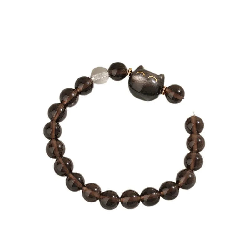 Women's silver stone cat head bracelet with 8mm ice stone beads and opal accents