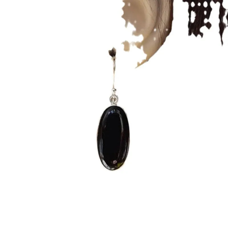 Black agate pendant earrings with geometric design and electroplated alloy construction