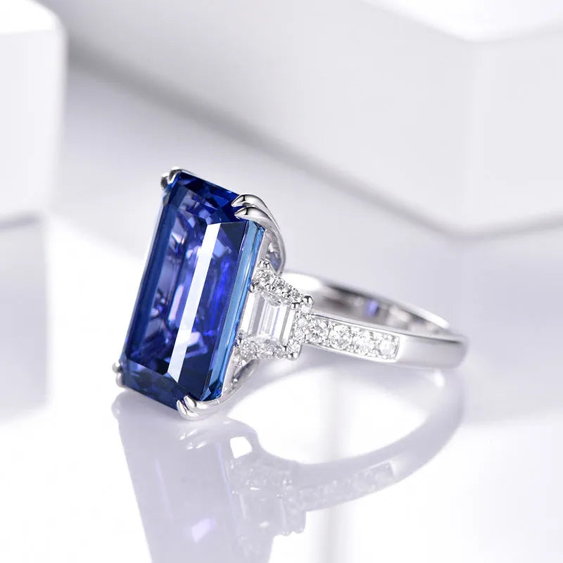 Blue rectangular adjustable copper open ring for women geometric European American style
