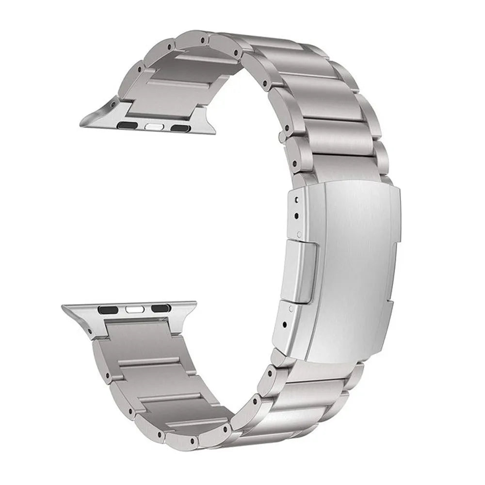 Titanium alloy Apple Watch strap with folding buckle in black and silver colours