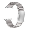 Titanium alloy Apple Watch strap with folding buckle in black and silver colours
