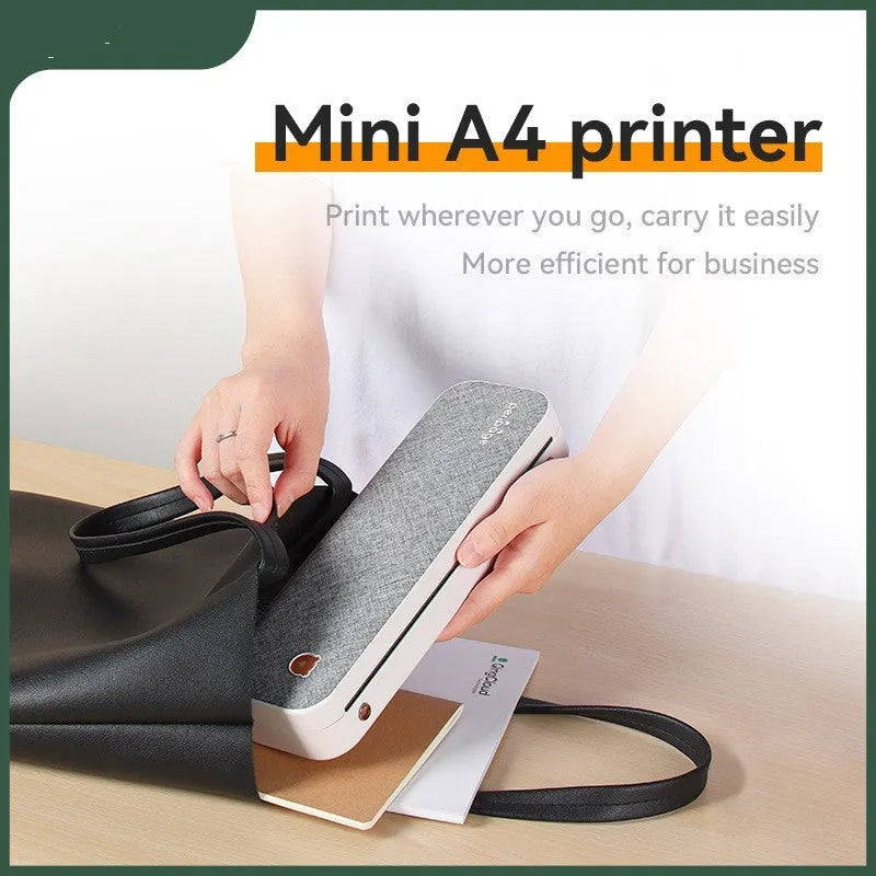 Mini A4 portable thermal printer in compact casing with USB port and paper feed slot